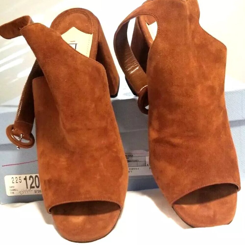 PRADA camel block heel mule ankle strap bootie Size 41